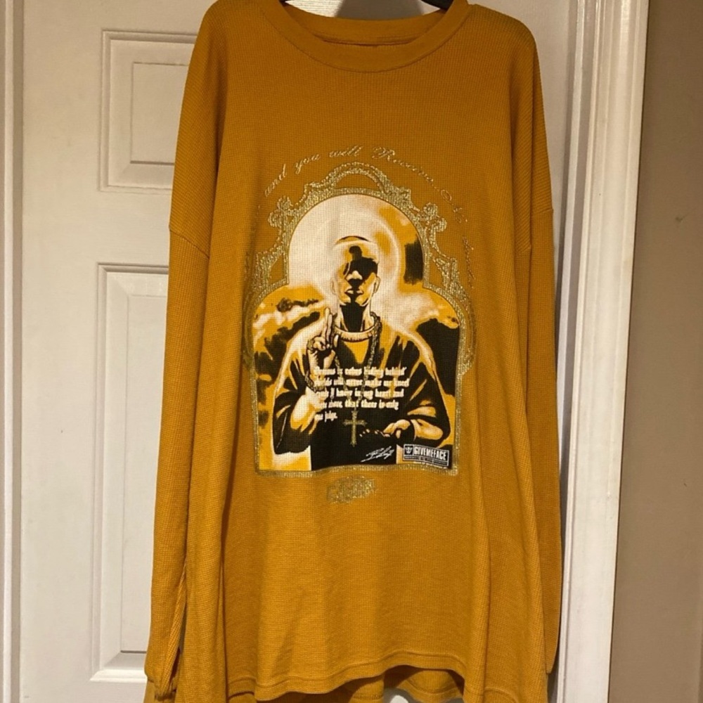 Y2K Give Me Face Graphic Gold Color Waffle Knit Long Sleeve Shirt Men’s Size 3XL